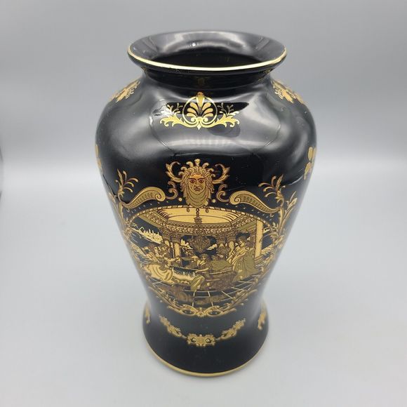 PORCELAIN  Victorian Style BLACK & GOLD VASE Porcelain  8" excellent Condition - Picture 3 of 13